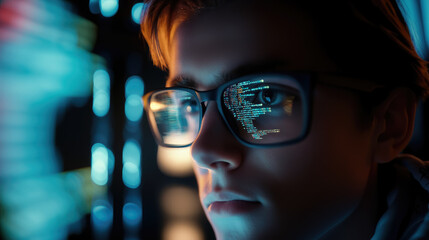 young man with glasses programming on computer screen, lines of code, science, programmer, scientist, future, boy, guy, artificial intelligence, hologram, developer, digital device, display