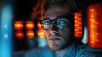 young man with glasses programming on computer screen, lines of code, science, programmer, scientist, future, boy, guy, artificial intelligence, hologram, developer, digital device, display