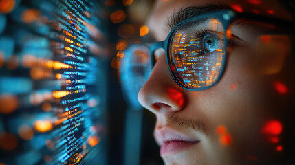 young man with glasses programming on computer screen, lines of code, science, programmer, scientist, future, boy, guy, artificial intelligence, hologram, developer, digital device, display
