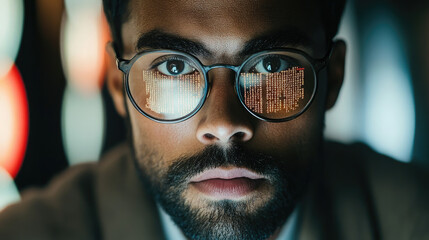 young man with glasses programming on computer screen, lines of code, science, programmer, scientist, future, boy, guy, artificial intelligence, hologram, developer, digital device, display