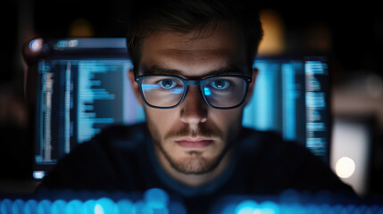 young man with glasses programming on computer screen, lines of code, science, programmer, scientist, future, boy, guy, artificial intelligence, hologram, developer, digital device, display