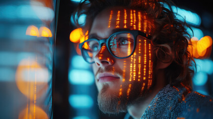 young man with glasses programming on computer screen, lines of code, science, programmer, scientist, future, boy, guy, artificial intelligence, hologram, developer, digital device, display