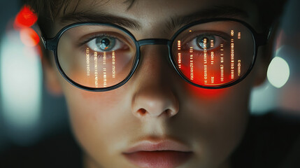 young man with glasses programming on computer screen, lines of code, science, programmer, scientist, future, boy, guy, artificial intelligence, hologram, developer, digital device, display