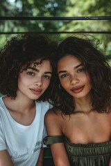 Wall Mural - Two women with curly hair smiling at the camera. AI.