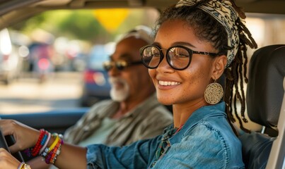 Poster - A young woman smiles as she drives, her passenger is seated beside her. AI.