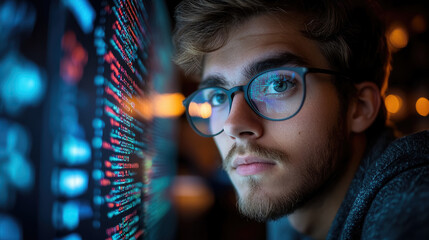 young man with glasses programming on computer screen, lines of code, science, programmer, scientist, future, boy, guy, artificial intelligence, hologram, developer, digital device, display