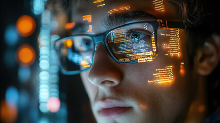 young man with glasses programming on computer screen, lines of code, science, programmer, scientist, future, boy, guy, artificial intelligence, hologram, developer, digital device, display
