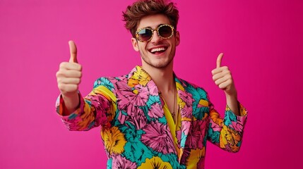 A dynamic image of a joyful young man dressed in funky patterned attire