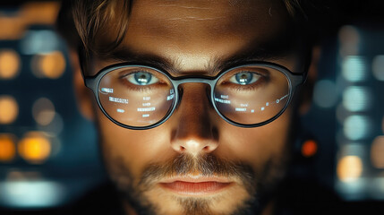 young man with glasses programming on computer screen, lines of code, science, programmer, scientist, future, boy, guy, artificial intelligence, hologram, developer, digital device, display