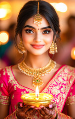 Wall Mural - young indian woman holding oil lamps on diwali festival