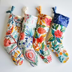 Wall Mural - Vibrant hand-painted Christmas stockings featuring unique floral designs, perfect for festive holiday decor.