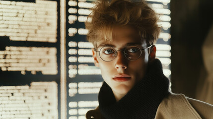 young man with glasses programming on computer screen, lines of code, science, programmer, scientist, future, boy, guy, artificial intelligence, hologram, developer, digital device, display