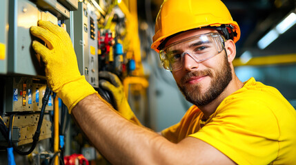 Worker fixing electrical panel in helmet