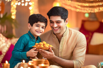 Canvas Print - happy indian family holding sweet plate on diwali festival