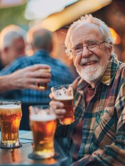 Canvas Print - An elderly man enjoys a beer with friends. AI.