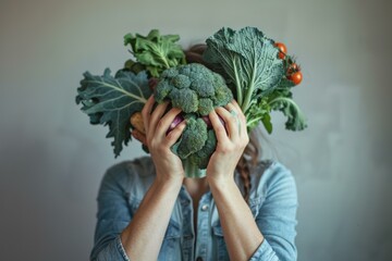 Sticker - Health nutrition. A person holds a bunch of vegetables in front of their face. AI.