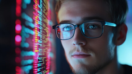 young man with glasses programming on computer screen, lines of code, science, programmer, scientist, future, boy, guy, artificial intelligence, hologram, developer, digital device, display