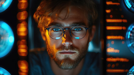 young man with glasses programming on computer screen, lines of code, science, programmer, scientist, future, boy, guy, artificial intelligence, hologram, developer, digital device, display