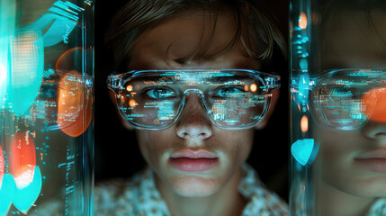 young man with glasses programming on computer screen, lines of code, science, programmer, scientist, future, boy, guy, artificial intelligence, hologram, developer, digital device, display