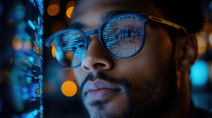 young man with glasses programming on computer screen, lines of code, science, programmer, scientist, future, boy, guy, artificial intelligence, hologram, developer, digital device, display