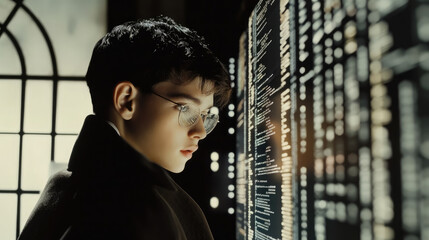young man with glasses programming on computer screen, lines of code, science, programmer, scientist, future, boy, guy, artificial intelligence, hologram, developer, digital device, display
