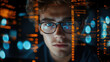 © Julia Zarubina - young man with glasses programming on computer screen, lines of code, science, programmer, scientist, future, boy, guy, artificial intelligence, hologram, developer, digital device, display