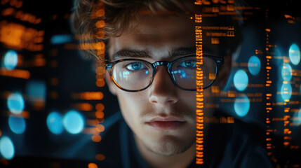 young man with glasses programming on computer screen, lines of code, science, programmer, scientist, future, boy, guy, artificial intelligence, hologram, developer, digital device, display