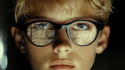 young man with glasses programming on computer screen, lines of code, science, programmer, scientist, future, boy, guy, artificial intelligence, hologram, developer, digital device, display