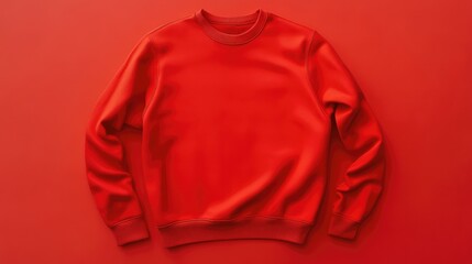 Wall Mural - Flat lay of a red sweatshirt, smooth chest with no creases, carefully styled with subtle sleeve folds, hyper-realistic detail.