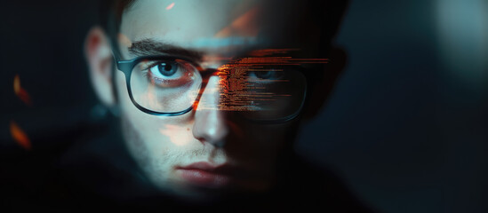 young man with glasses programming on computer screen, lines of code, science, programmer, scientist, future, boy, guy, artificial intelligence, hologram, developer, digital device, display