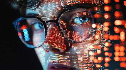young man with glasses programming on computer screen, lines of code, science, programmer, scientist, future, boy, guy, artificial intelligence, hologram, developer, digital device, display