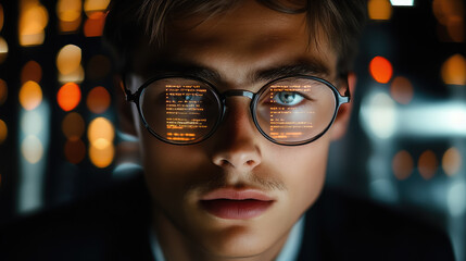 young man with glasses programming on computer screen, lines of code, science, programmer, scientist, future, boy, guy, artificial intelligence, hologram, developer, digital device, display