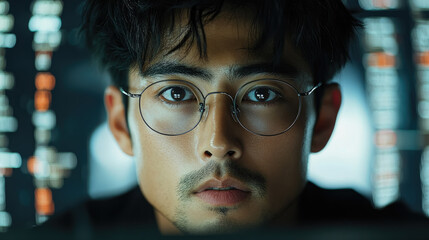 young man with glasses programming on computer screen, lines of code, science, programmer, scientist, future, boy, guy, artificial intelligence, hologram, developer, digital device, display