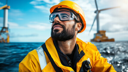 Worker in safety gear, offshore wind farm