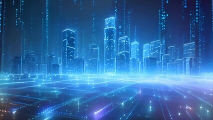 Aufkleber - A city skyline filled with multitudes of blue lights shining brightly against the dark night sky, creating a vibrant and energetic atmosphere.