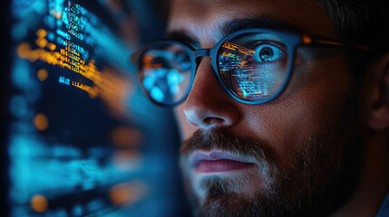 young man with glasses programming on computer screen, lines of code, science, programmer, scientist, future, boy, guy, artificial intelligence, hologram, developer, digital device, display
