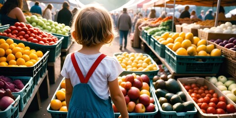 Wall Mural - Child back view standing among fresh fruits and vegetables at farmer outdoors market.. Concept of children nutrition. Foods that lift immunity in kids Generative AI