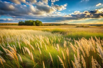 Poster - Golden grass field at sunset with green and golden light