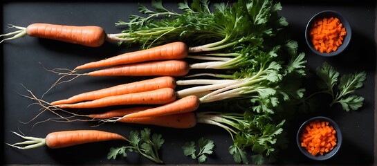 Wall Mural - Pile of orange carrots with green leaves. Background of fresh vegetables. Top view flat lay. AI generated