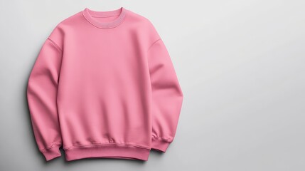 Pink crew neck sweatshirt lying flat on a pure white surface, smooth chest area with subtle folds, styled for a clean, hyper-realistic look.