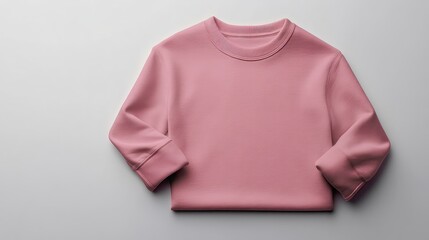 Wall Mural - Pink crew neck sweatshirt lying flat on a pure white surface, smooth chest area with subtle folds, styled for a clean, hyper-realistic look.