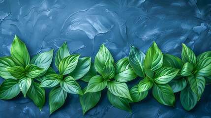 Wall Mural - Row of green leaves lying on a textured blue background