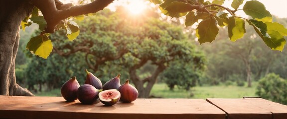 Poster - Fresh raw figs fruits on wooden table, field garden in background.