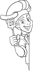 Wall Mural - A chef cartoon barbecue cook man giving a thumbs up and holding a hotdog or grilled sausage a BBQ or cooking fork and peeking around sign or menu, mascot character illustration