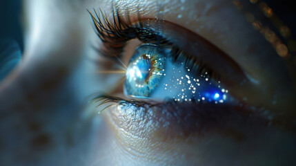 close up of human eye reflecting vibrant galaxy, showcasing intricate details and sparkling elements