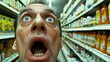 © photolas - In a supermarket, close-up portrait of a male customer, funny emotional facial expression against the shelves.