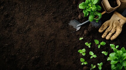 Wall Mural - Fresh green plants growing in soil with gardening tools.