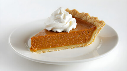 A clean, single slice of pumpkin pie with whipped cream on top, placed in the middle of a white plate on a white surface