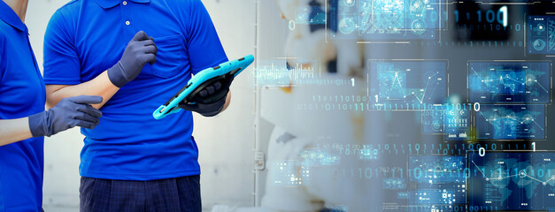 Poster - Mixed media of engineer inspecting factory machines and piping and digital technology concept. Wide angle visual for banners or advertisements.
