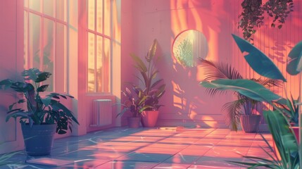 Canvas Print - A room with a pink wall and a mirror. There are several potted plants in the room, including a palm tree. The room has a bright and cheerful atmosphere, with the pink walls